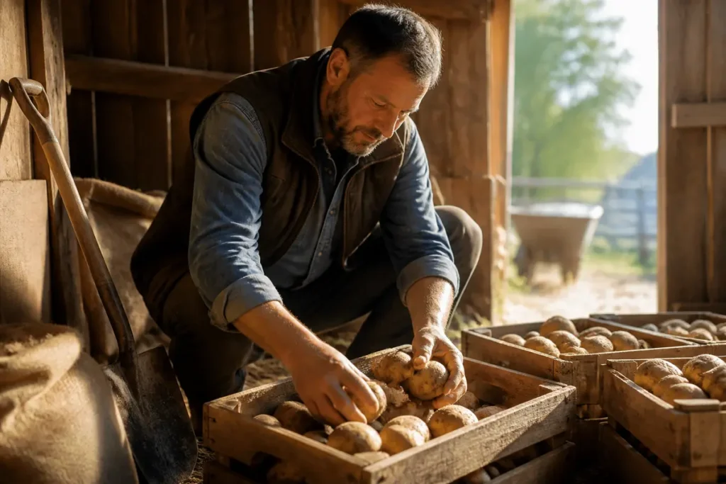 Pommes de terre conservées dans une caisse ventilée